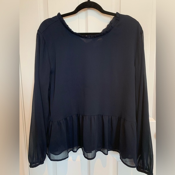 Ann Taylor LOFT Navy Long Sleeve Blouse with flattering sheer sleeves, XL - Picture 3 of 7